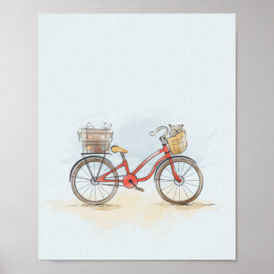 Affiche Vélo rouge aquarelle et chat