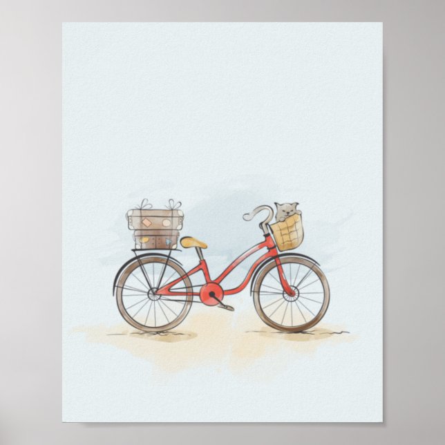 Affiche Vélo rouge et chat à l'aquarelle (Devant)