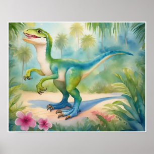 Affiche Velociraptor Aquarelle Dinosaur Nursery Art