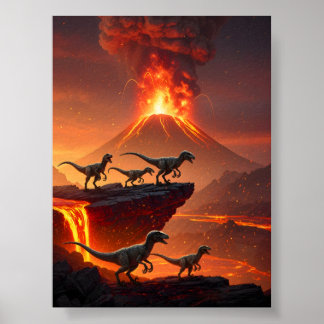Affiche Velociraptor's avec un volcan ébranlant