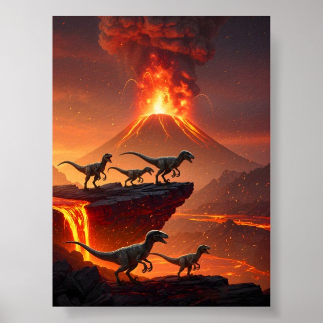Affiche Velociraptor's avec un volcan ébranlant (Devant)