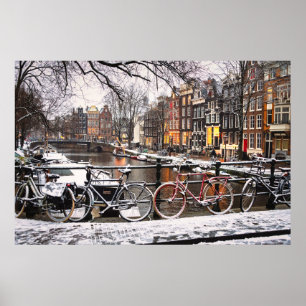 Affiche Vélos dans la neige à Amsterdam