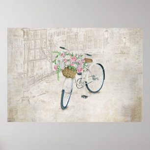 Affiche Vélos vintages avec panier rose