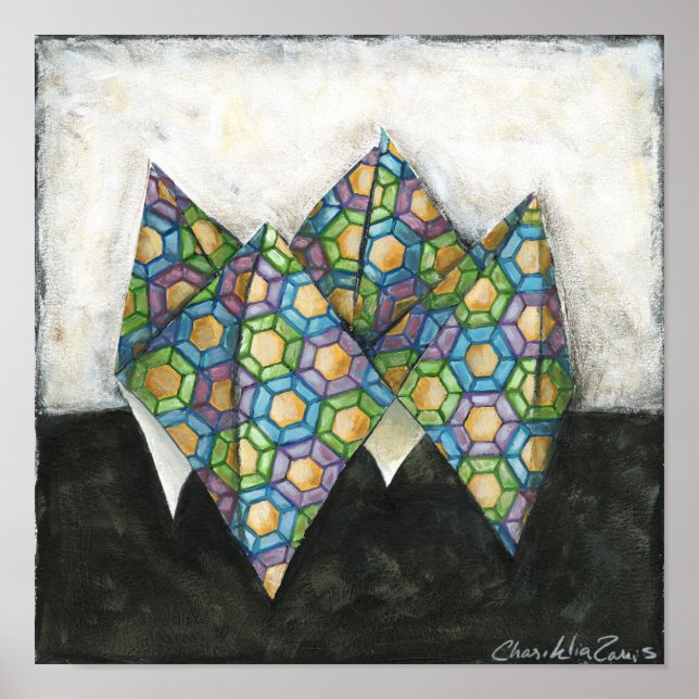 Affiche Vendeur Origami Fortune sur papier géométrique (Devant)