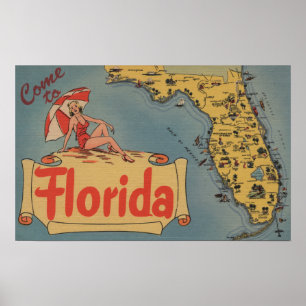 Affiche Venez en Floride Carte de l'État, Pin-Up Girl