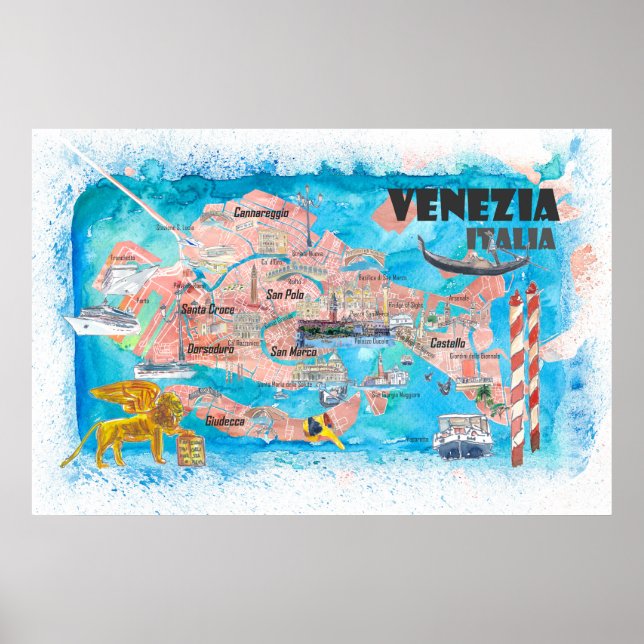 Affiche Venise Italie Carte illustrée avec les principaux  (Devant)
