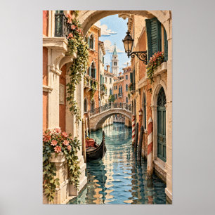 Affiche Venise Italie Gondole Canal et Mur de Pont en Pier