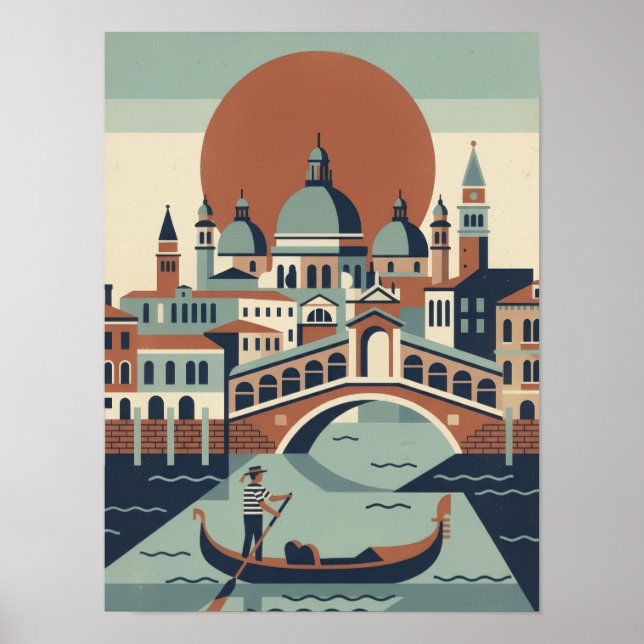Affiche Venise rétro Italie Voyage gondole Canal (Devant)