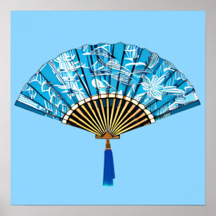 Affiche Ventilateur japonais en bleu turquoise et blanc