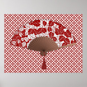 Affiche Ventilateur japonais en papier feuille, rouge fonc
