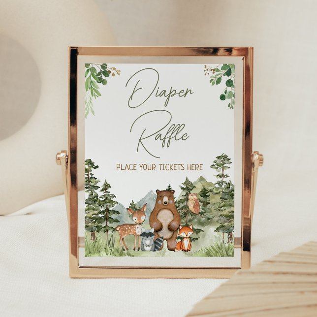 Affiche Verdure Bois Animaux Repas de couches (Greenery Forest Animals Baby Shower Diaper Raffle Sign)