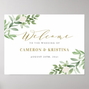 Affiche Verdure et blanc Floral Mariage or Bienvenue