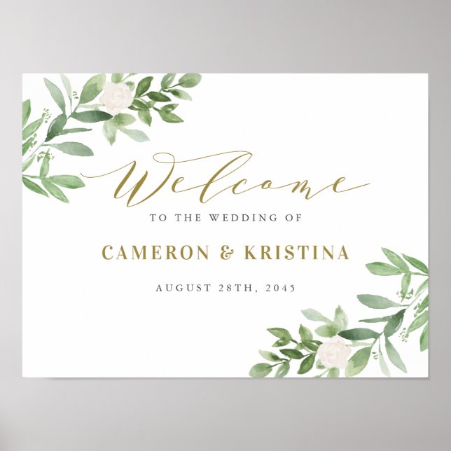 Affiche Verdure et blanc Floral Mariage or Bienvenue (Devant)