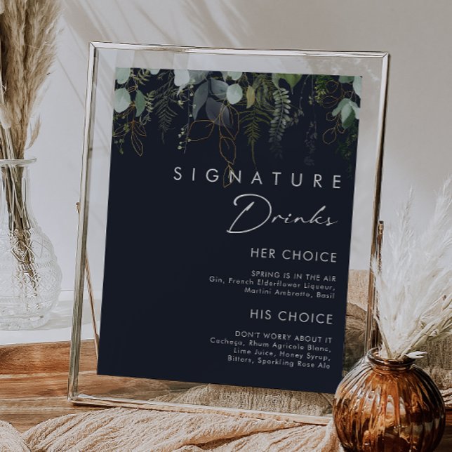 Affiche Verdure et feuilles d'or Boissons Signature Navy E (Créateur téléchargé)