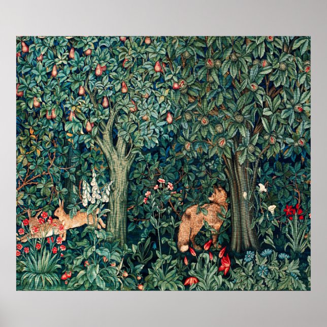 Affiche VERDURE, Hares d'ANIMAUX FORESTIERS, Renard, Flora (Devant)