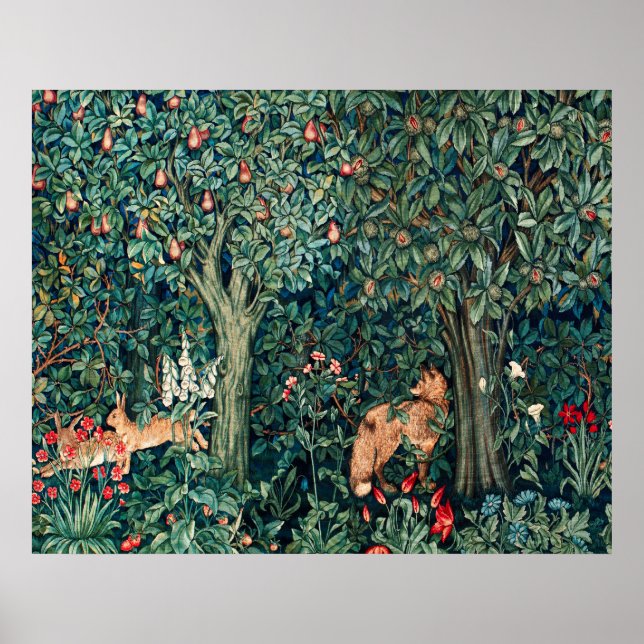 Affiche VERDURE, Hares d'ANIMAUX FORESTIERS, Renard, Flora (Devant)