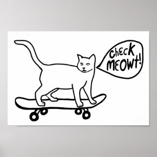Affiche Vérifier Meowt Punny Skateboard Chat noir blanc