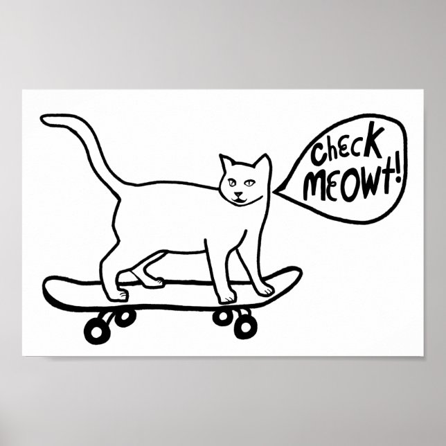 Affiche Vérifier Meowt Punny Skateboard Chat noir blanc (Devant)