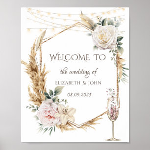 Affiche Verre à champagne à cadre floral doré 