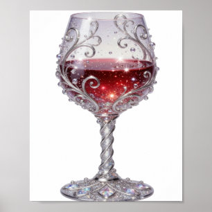 Affiche Verre à vin rouge argenté élégant avec texte 3D