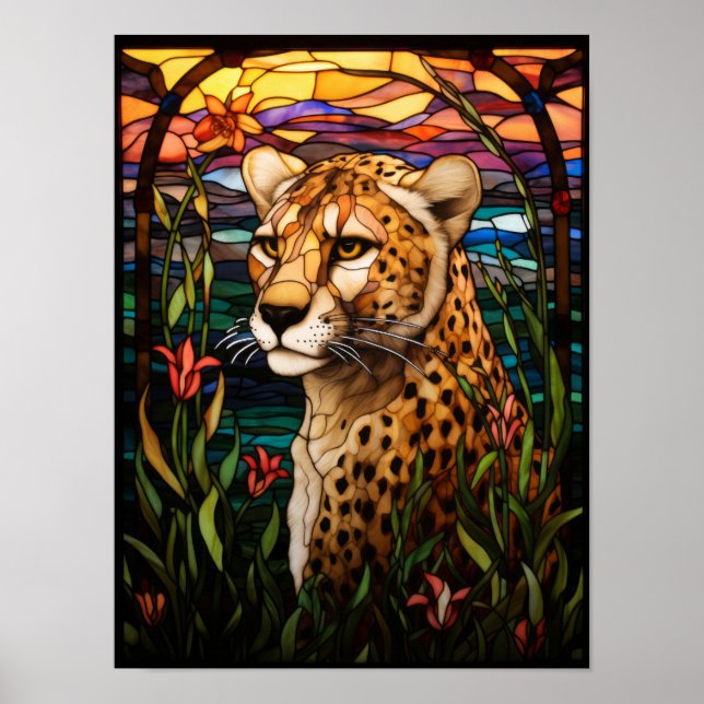 Affiche Verre coloré faune guépard (Devant)