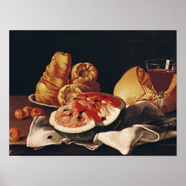 Affiche Verre de vin, pastèque et pain (Devant)