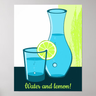 Affiche Verre et carafe bleus - Eau et citron !