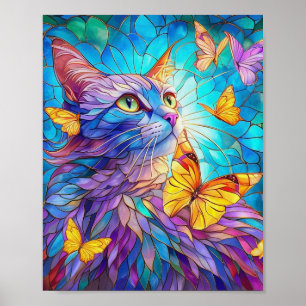 Affiche Verre tendu Chat 730 papillons bleus jaunes