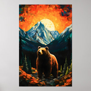Affiche Verre tendu Faune Montagne Ours couché de soleil