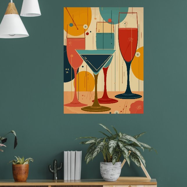 Affiche Verres à vin et à cocktail à tige fine, design rét (Salon 1)