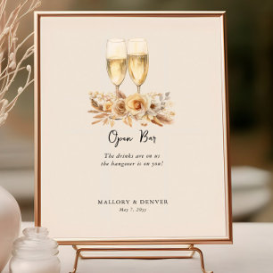 Affiche Verres à vin et fleurs neutres de mariage Bar ouve