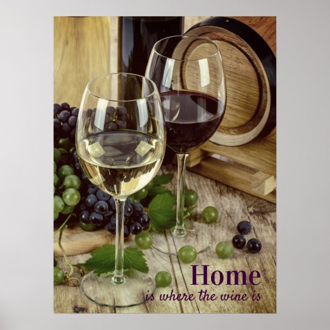 Affiche Verres à vin rouge et blanc rustiques Raisins Fût (Devant)