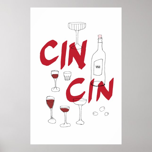 Affiche Verres dessinés à la main et cin de bouteille text (Devant)
