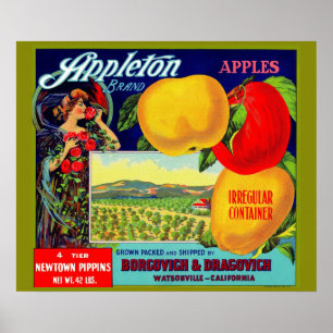 Affiche vers 1900 Appleton Apples crate étiquette