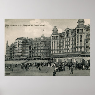 Affiche vers 1900 Ostende Beach et Grands Hôtels