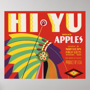 Affiche vers 1930 Hi Yu Apples crate étiquette print