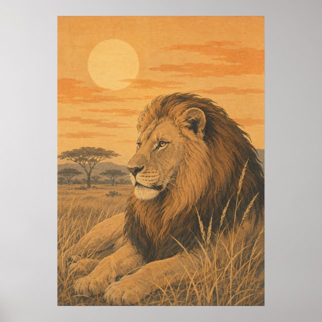 Affiche Vers le soleil IV — Lion au coucher du soleil (Devant)