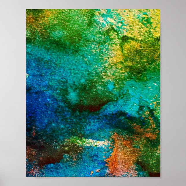Affiche Vert abstrait Fun Aquarelle Art Blue Aqua Unique (Devant)