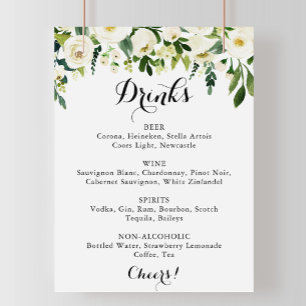 Affiche Vert Blanc Floral Mariage Boissons Menu Signer