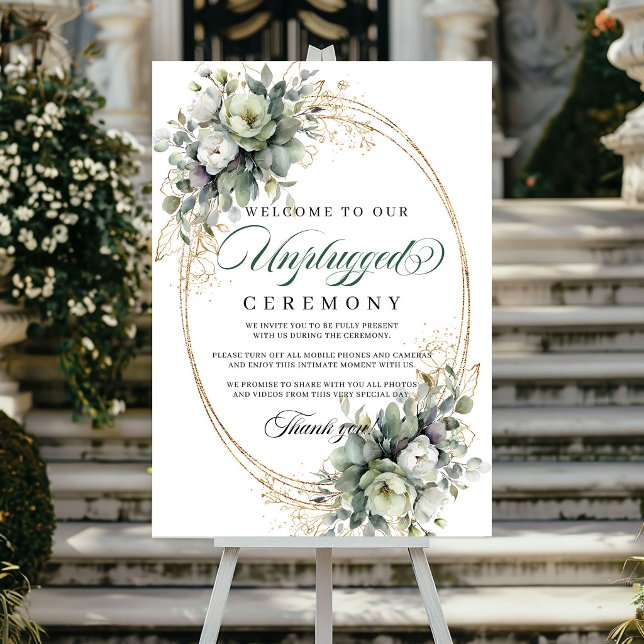 Affiche Vert Botanique Or Cérémonie Non Connectée Mariage  (Botanical Green Gold Unplugged Ceremony Wedding Poster)