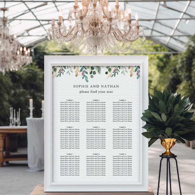 Affiche Vert doré blanc | Mariage de Noël (An elegant seating chart for your Christmas holiday wedding)