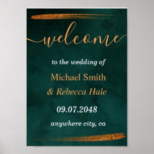 Affiche vert émeraude moderne et Mariage feuille Bienvenue