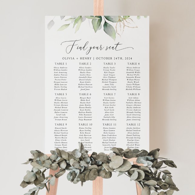 Affiche Vert, Eucalyptus Feuilles, Mariage Seating Chart (Créateur téléchargé)