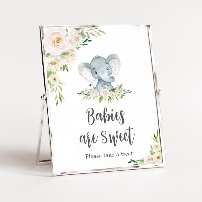 Affiche Vert Floral Blanc Eléphant Bébés sont doux (A Little Peanut is on the Way Baby Shower Babies are Sweet Sign)