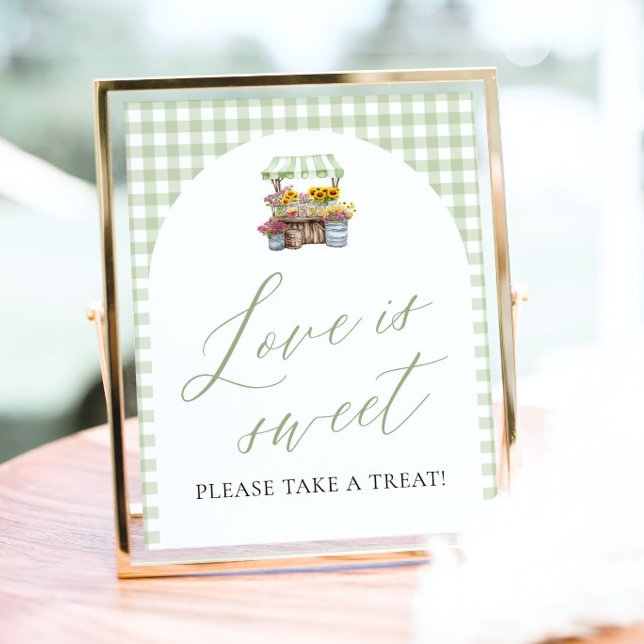 Affiche Vert Gingham Frais du Marché L'amour est doux (Green Gingham Fresh Off The Market Love is Sweet Pedestal Sign)