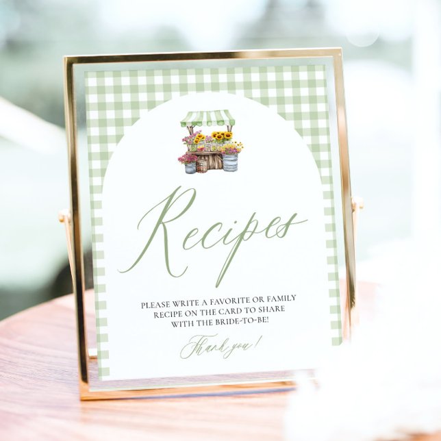 Affiche Vert Gingham Frais du Marché Recettes Douche (Sage Green Gingham Fresh Off The Market Bridal Shower Recipes Sign)