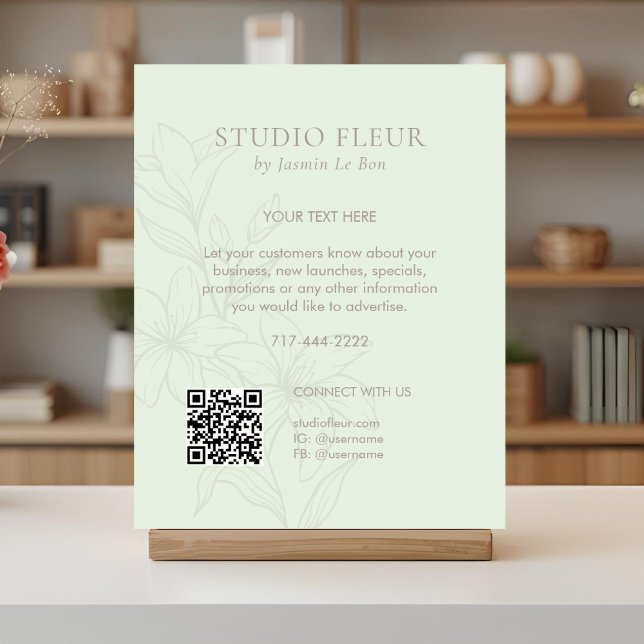 Affiche Vert menthe | Texte floral chic promotionnel QR (Créateur téléchargé)