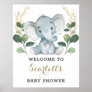 Affiche Vert moderne Gold Elephant Baby shower Bienvenue