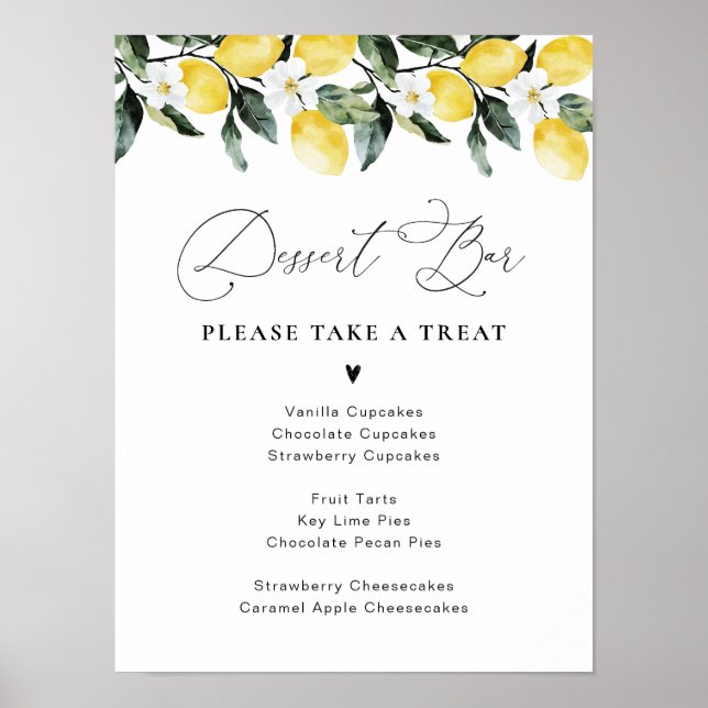 Affiche Vert moderne Lemon Floral Dessert Bar (Devant)