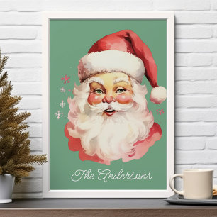 Affiche Vert Noël de famille rétro vintage Père Noël